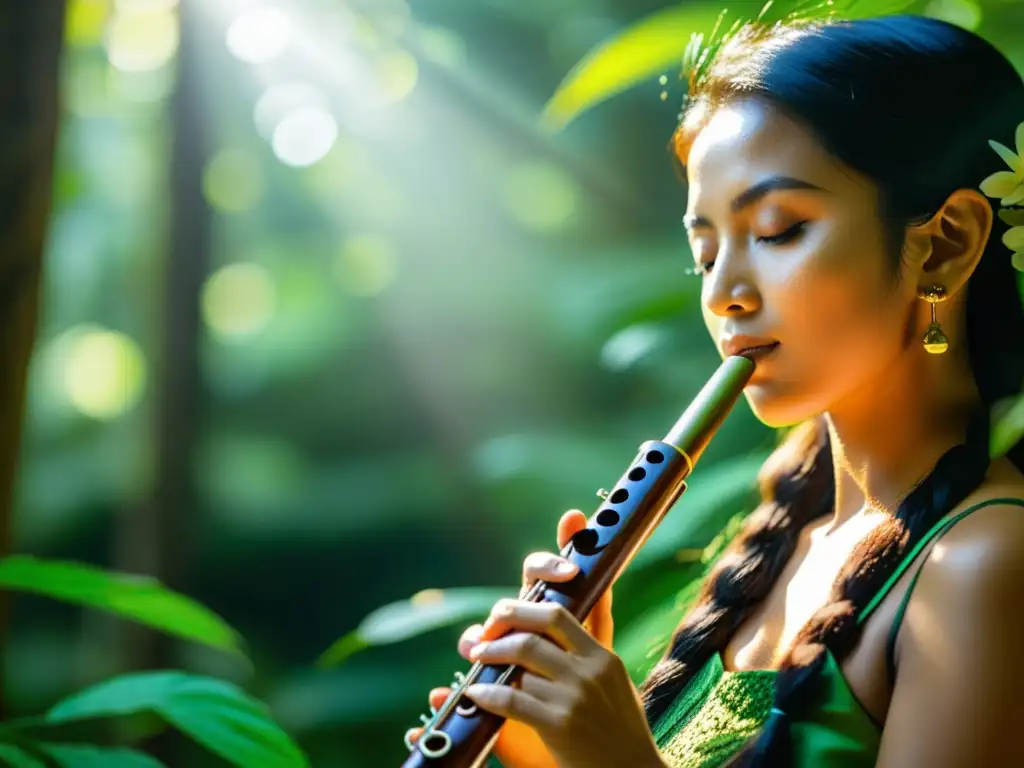 Un músico tocando una flauta de madera en un bosque exuberante