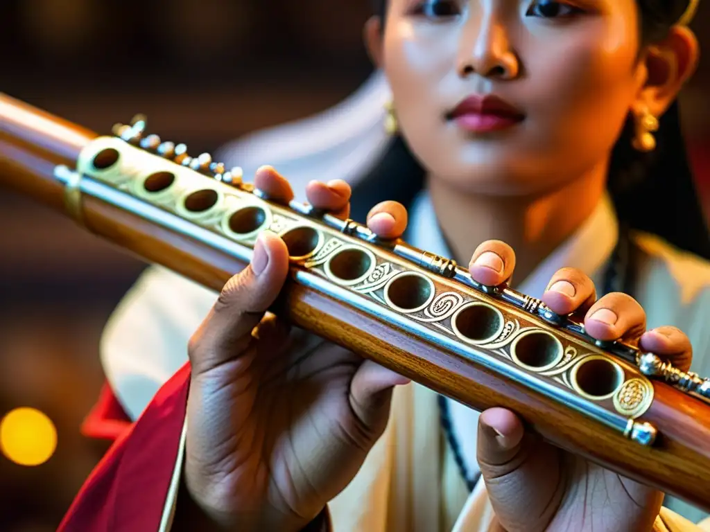 Un músico toca una flauta de madera durante una ceremonia religiosa en Asia, con intrincados detalles y una atmósfera espiritual