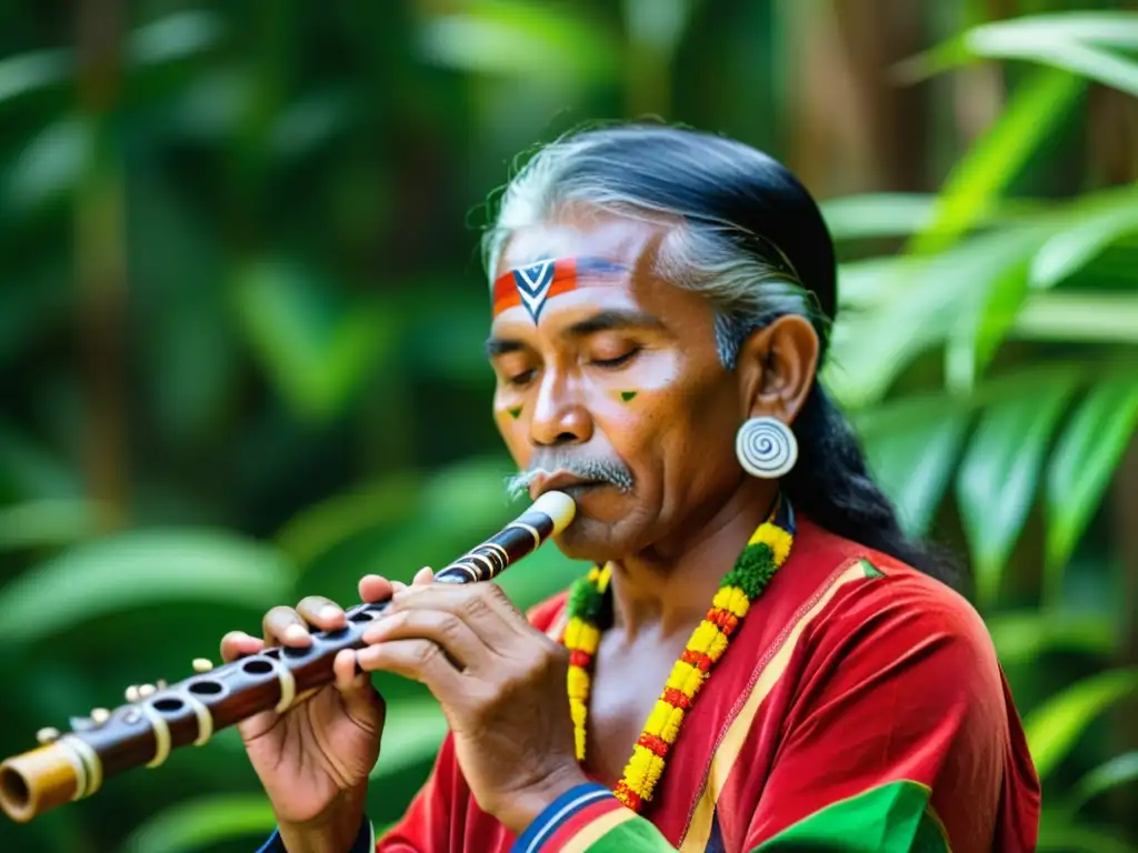 Un músico indígena toca una flauta nativa en la selva tropical, destacando el impacto de la colonización en los instrumentos musicales nativos