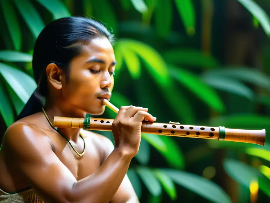 Un músico sostiene una flauta pan tallada en bambú, con símbolos e historia grabados, listo para tocarla y evocar su sonido único en la selva