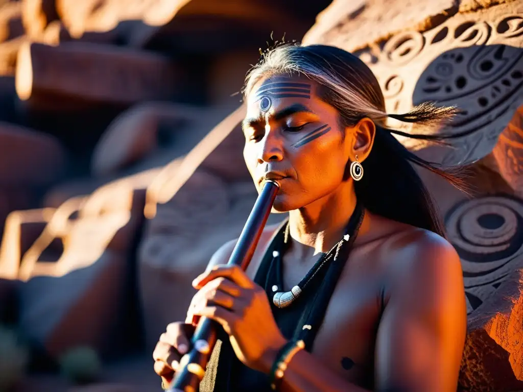 Un músico indígena toca una flauta tallada a mano frente a petroglifos antiguos al atardecer, mostrando la conexión entre la música y las estrategias de preservación de las culturas ancestrales