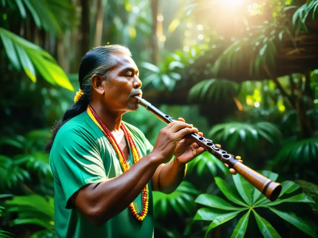 Un músico indígena toca una flauta tallada en la selva, preservando técnicas ancestrales en un escenario místico