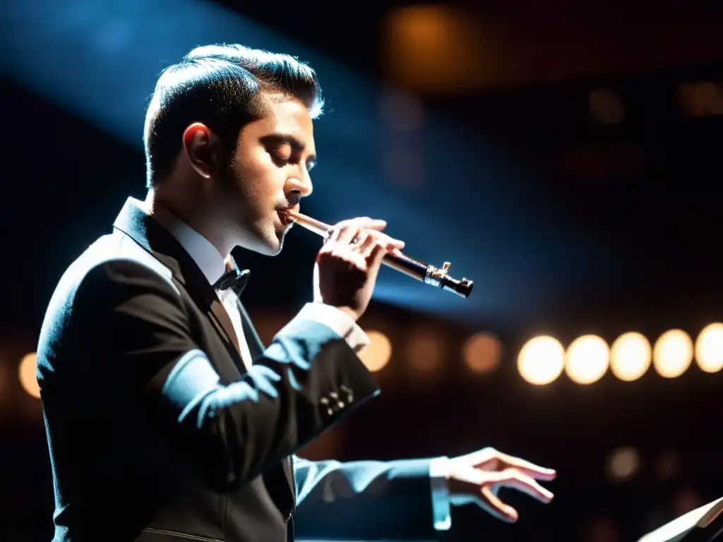 Un músico de flauta travesera en el pop, concentrado en el escenario con iluminación dramática, mostrando su destreza y elegancia