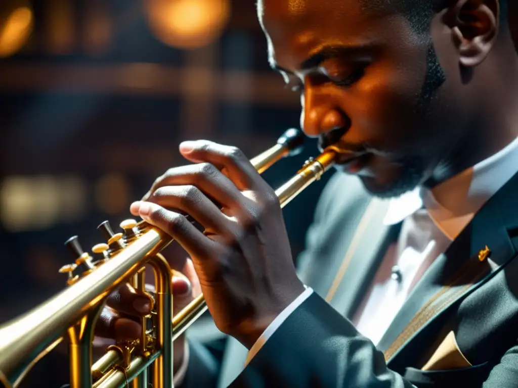 Un músico toca un fliscorno en un club de jazz tenue