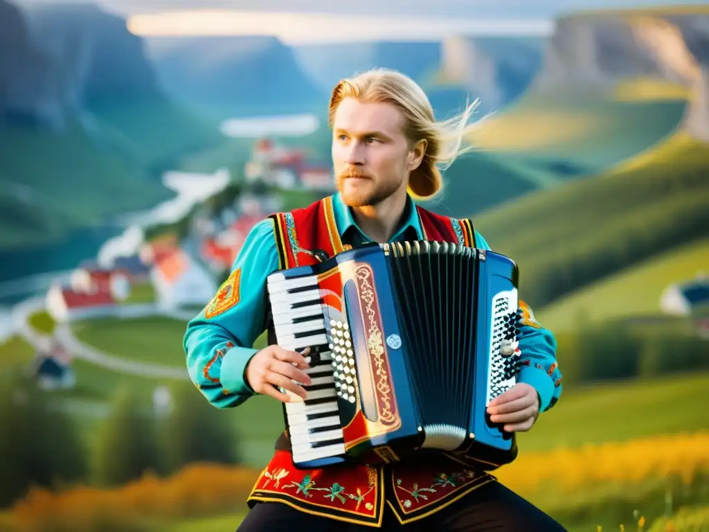 Un músico folclórico nórdico toca un acordeón ornamental en un paisaje escandinavo