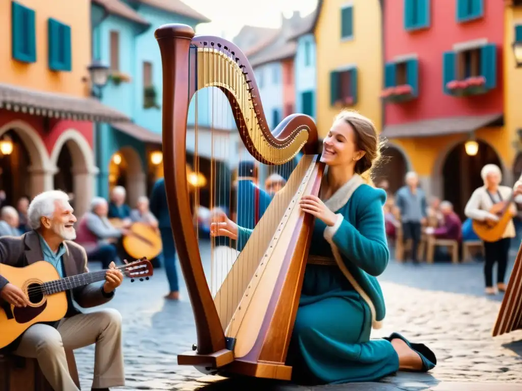 Un músico folclórico toca una arpa en una plaza llena de gente diversa, destacando la importancia cultural de las arpas