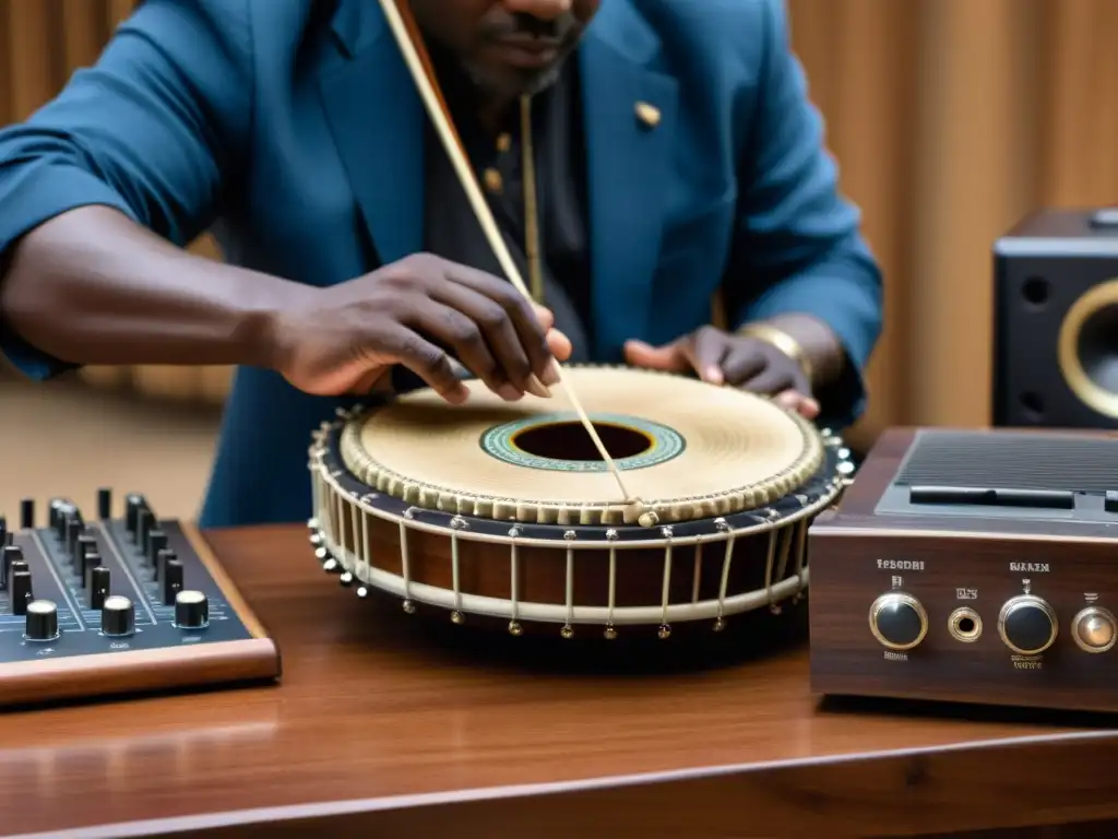 Un músico folclórico experto toca un instrumento centenario entre equipos de música digital, capturando la esencia de la herencia cultural y el impacto de la digitalización en la música tradicional