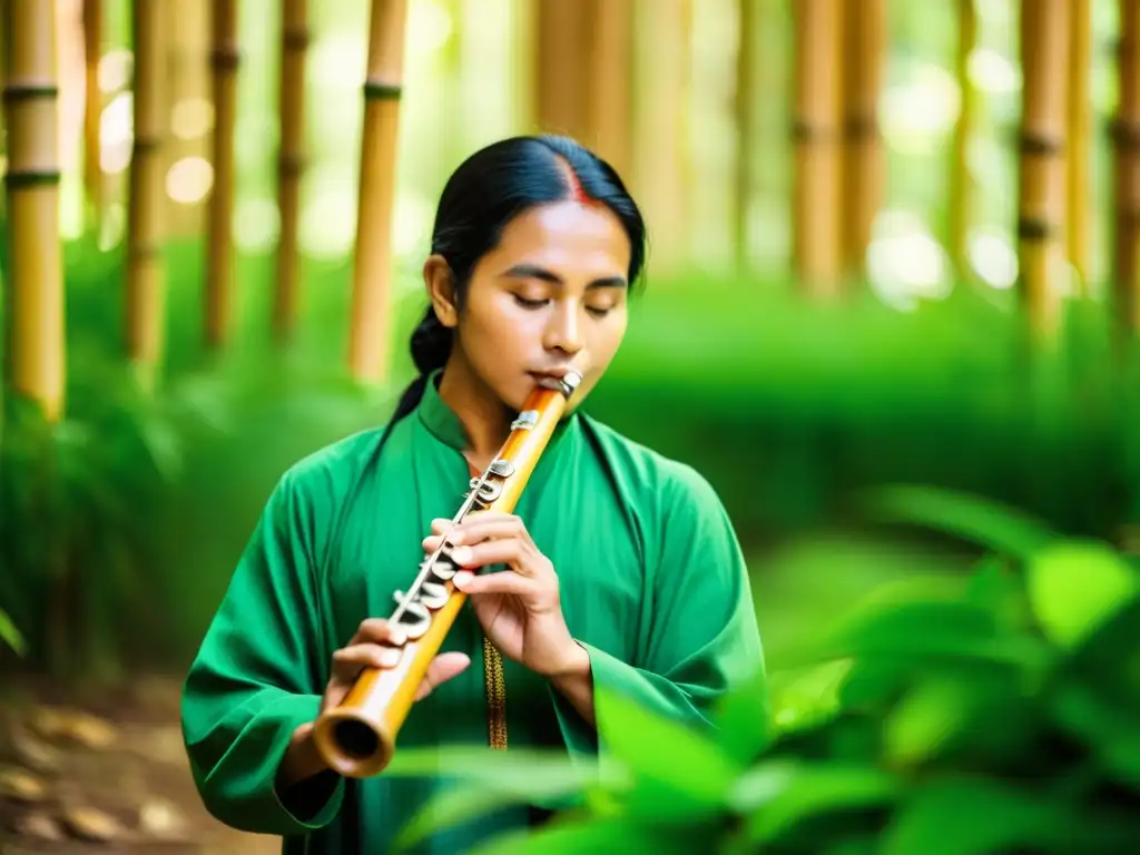 Un músico folclórico toca una flauta de madera en un bosque verde, rodeado de materiales sostenibles como el bambú y la madera reciclada