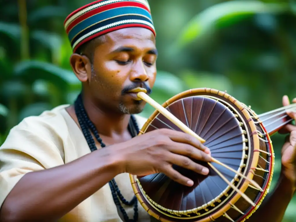 Un músico folclórico tocando un instrumento ecológico artesanal, en armonía con la naturaleza