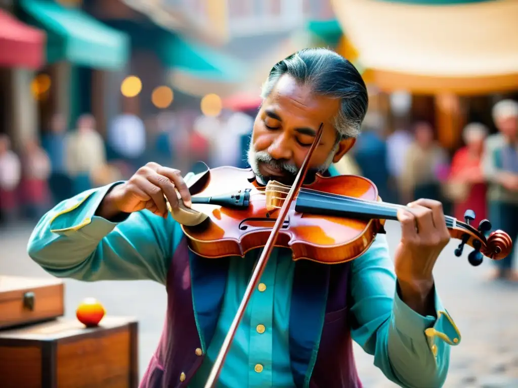 Un músico folclórico improvisa con pasión en su violín en un bullicioso mercado