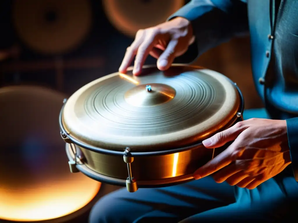 Un músico toca un hang drum con maestría, capturando su forma única y la atmósfera melódica