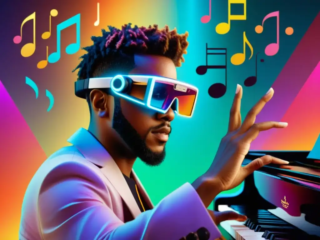 Músico con gafas de realidad aumentada tocando instrumentos virtuales Un músico usa gafas de realidad aumentada para tocar instrumentos virtuales en un entorno real