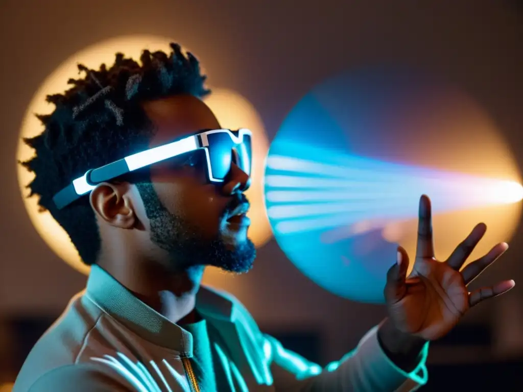 Concierto de Realidad Aumentada: Músico y Tecnología Un músico con gafas de realidad aumentada toca un instrumento digital en una habitación con luz tenue, concentrado en su actuación