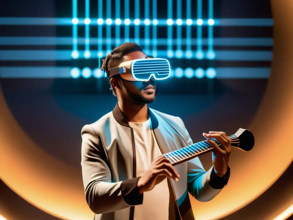Músico con gafas de realidad aumentada fusiona tradición e innovación Un músico con gafas de realidad aumentada toca un instrumento tradicional, rodeado de notaciones musicales y un entorno futurista