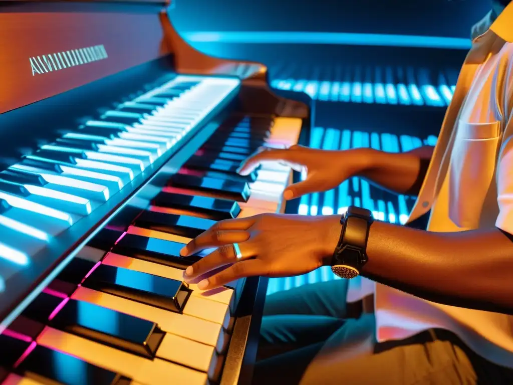 Músico tocando piano holográfico con AR Un músico usa gafas de realidad aumentada para tocar un piano holográfico