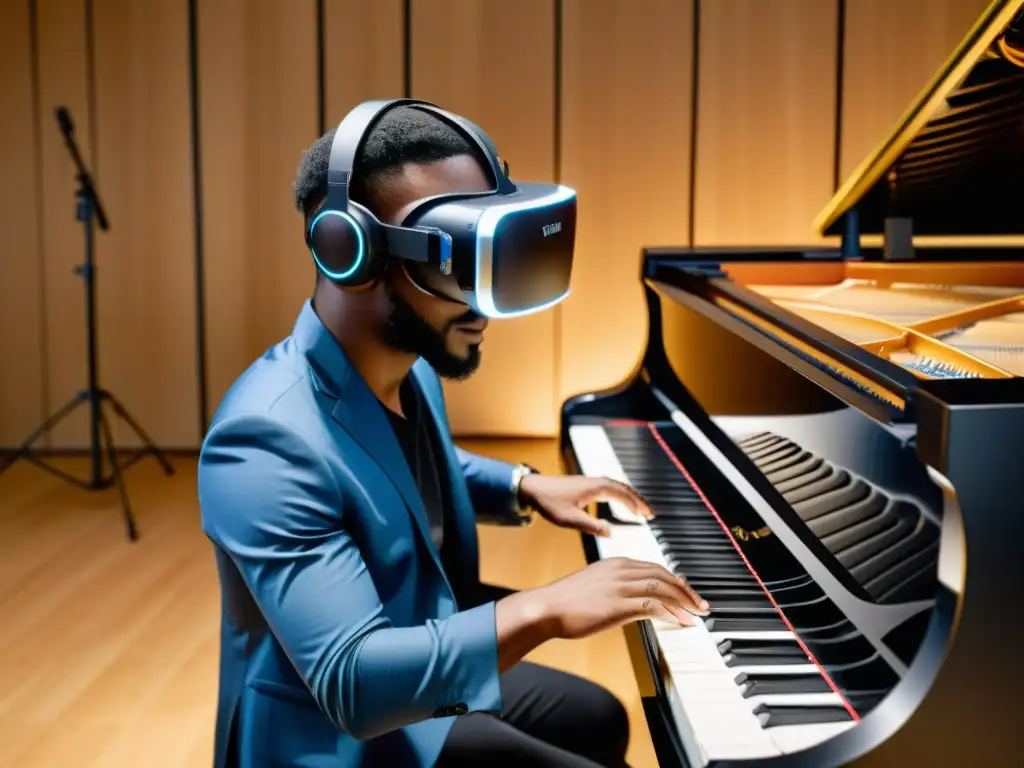 Un músico usa gafas de realidad virtual para tocar un piano digital, resaltando la inmersión de los simuladores de instrumentos musicales virtuales