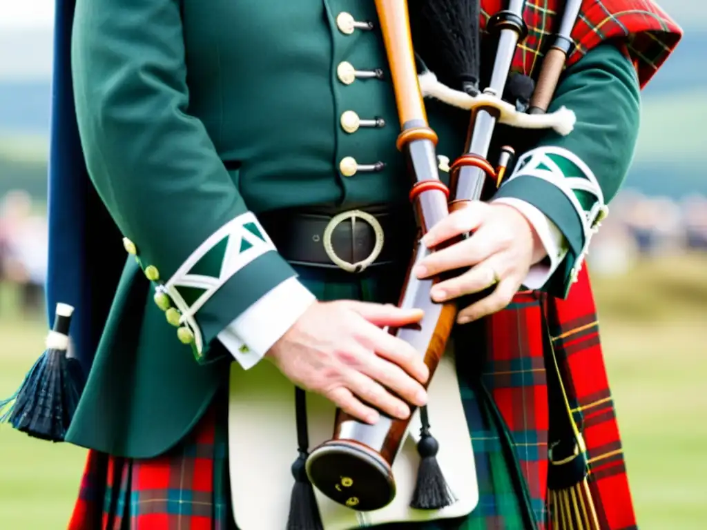 Un músico en kilt tocando una gaita en un animado encuentro en las Highlands escocesas, resaltando la importancia del instrumento tradicional escocés