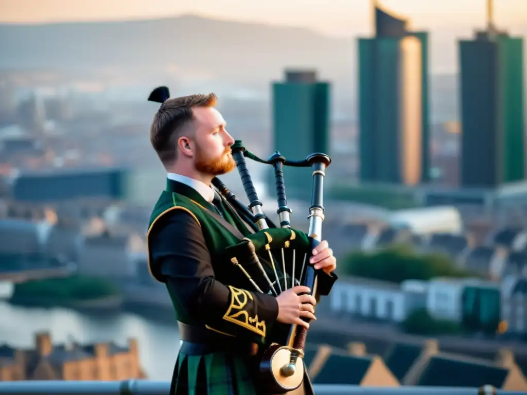 Un músico toca una gaita celta electrónica en la ciudad, fusionando tradición y modernidad