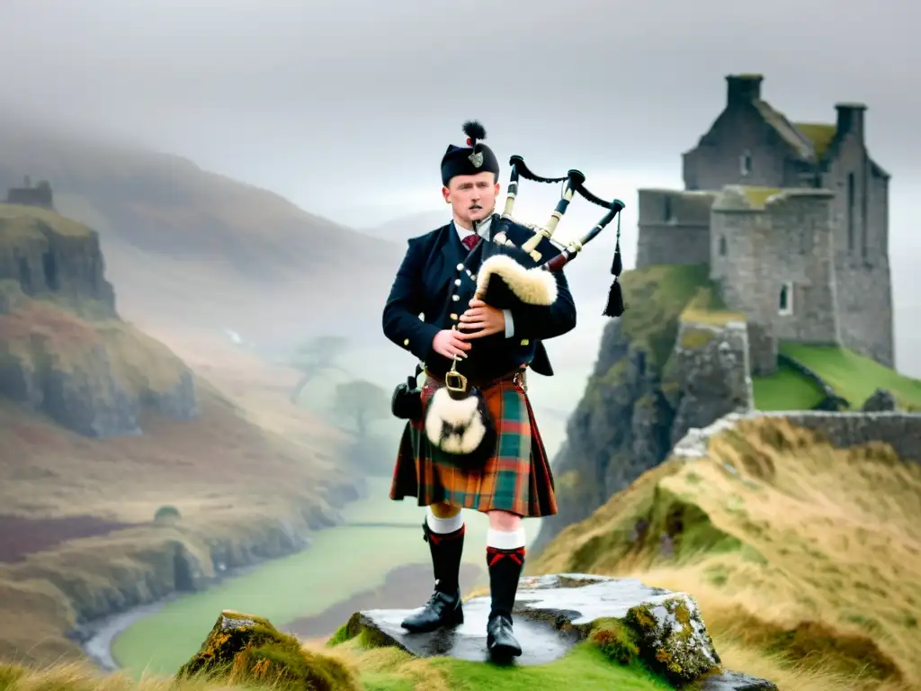 Un músico toca la gaita escocesa tradicional en un acantilado ventoso con ruinas de castillo y neblina en las Tierras Altas de Escocia