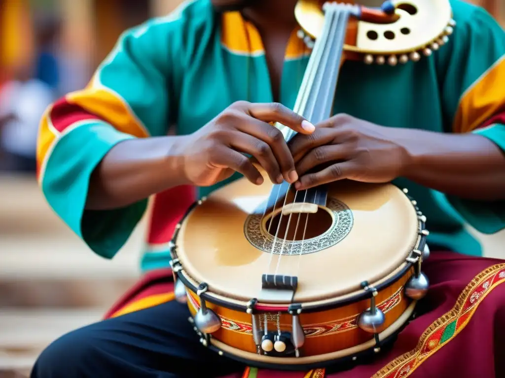 Un músico hábil toca una gaita tradicional adornada, mostrando pasión y concentración