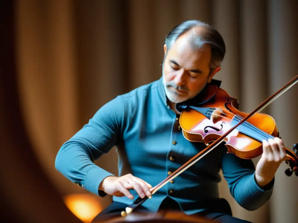 Un músico hábil toca la Viola da gamba en una atmósfera serena y atemporal, resaltando la importancia del Viola da gamba