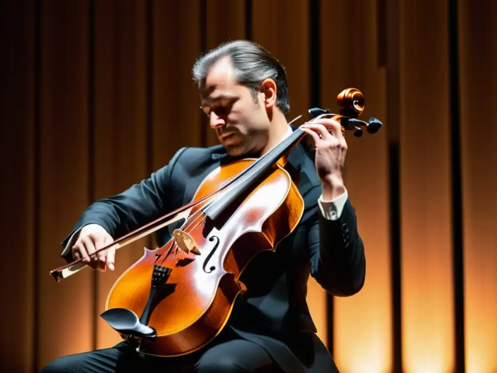 Un músico hábil toca la viola da gamba con pasión en un auditorio moderno, destacando la importancia del viola da gamba en la música contemporánea
