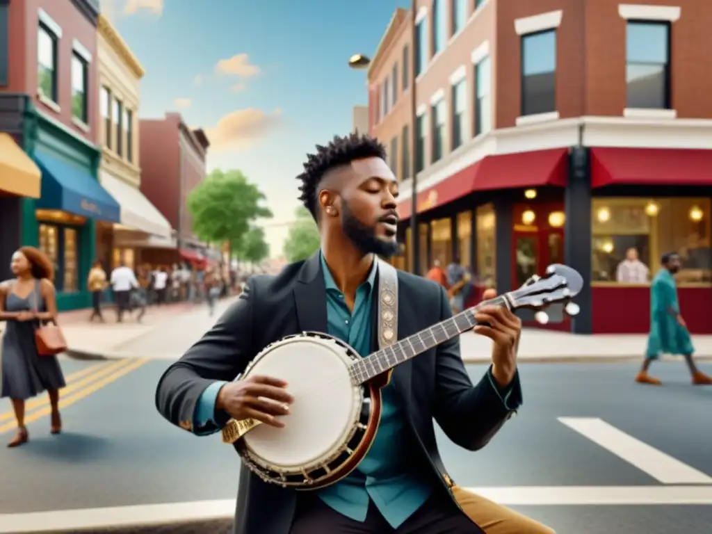 Un músico redefine géneros con su banjo en la era digital, atrayendo a una multitud diversa en una esquina urbana