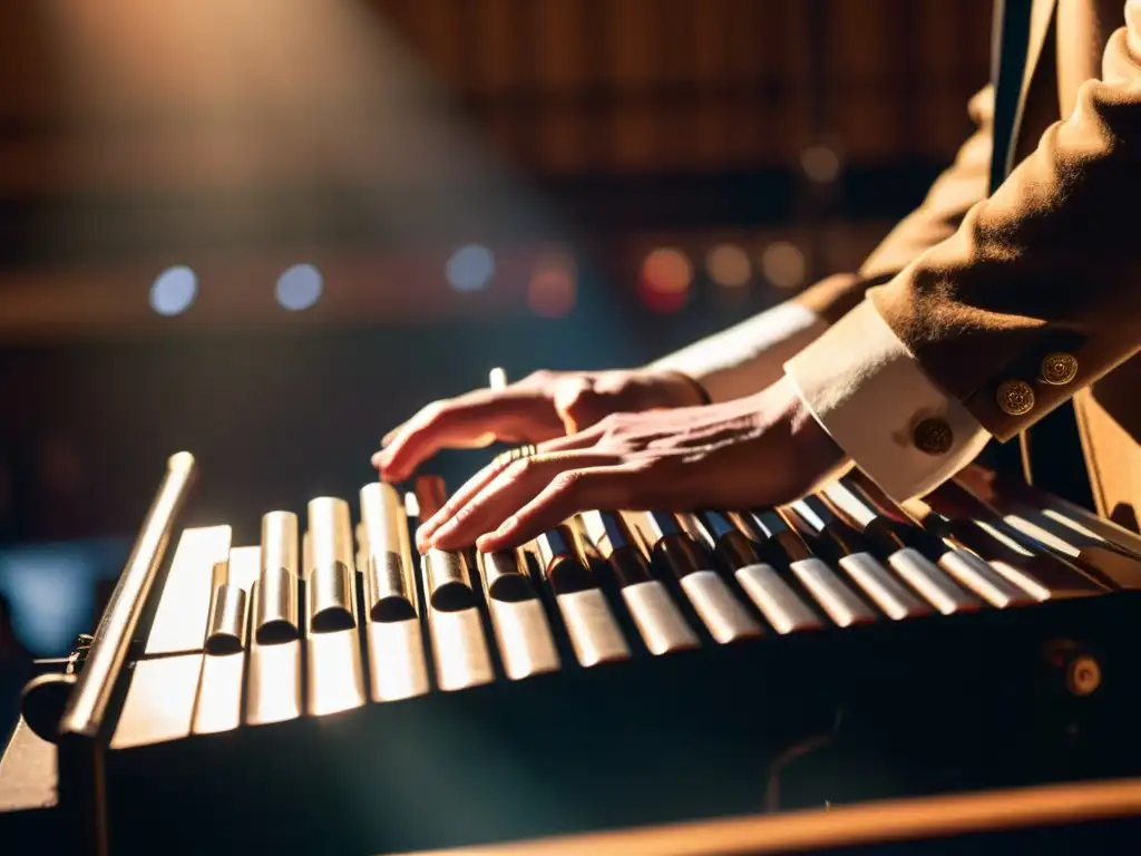 Un músico toca un glockenspiel con maestría en un escenario de música indie, envuelto en una atmósfera cálida y mágica