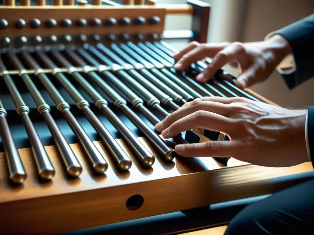 Un músico toca con pasión un glockenspiel en la música indie, con detalles y reflejos hipnóticos