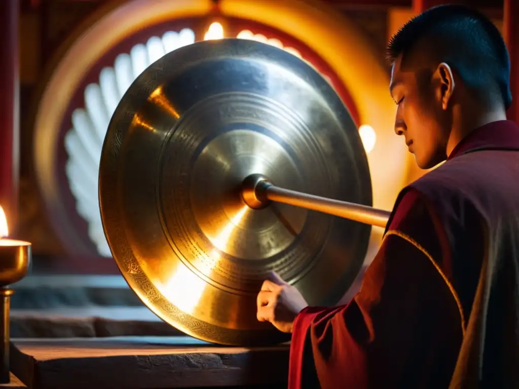 Un músico toca un gong tibetano en un templo iluminado por velas, creando una atmósfera serena y meditativa