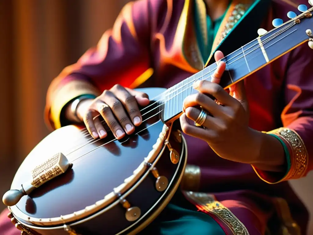 Un músico toca con gracia un sitar indio, creando sonidos teclados multiculturales, en un ambiente cálido y vibrante