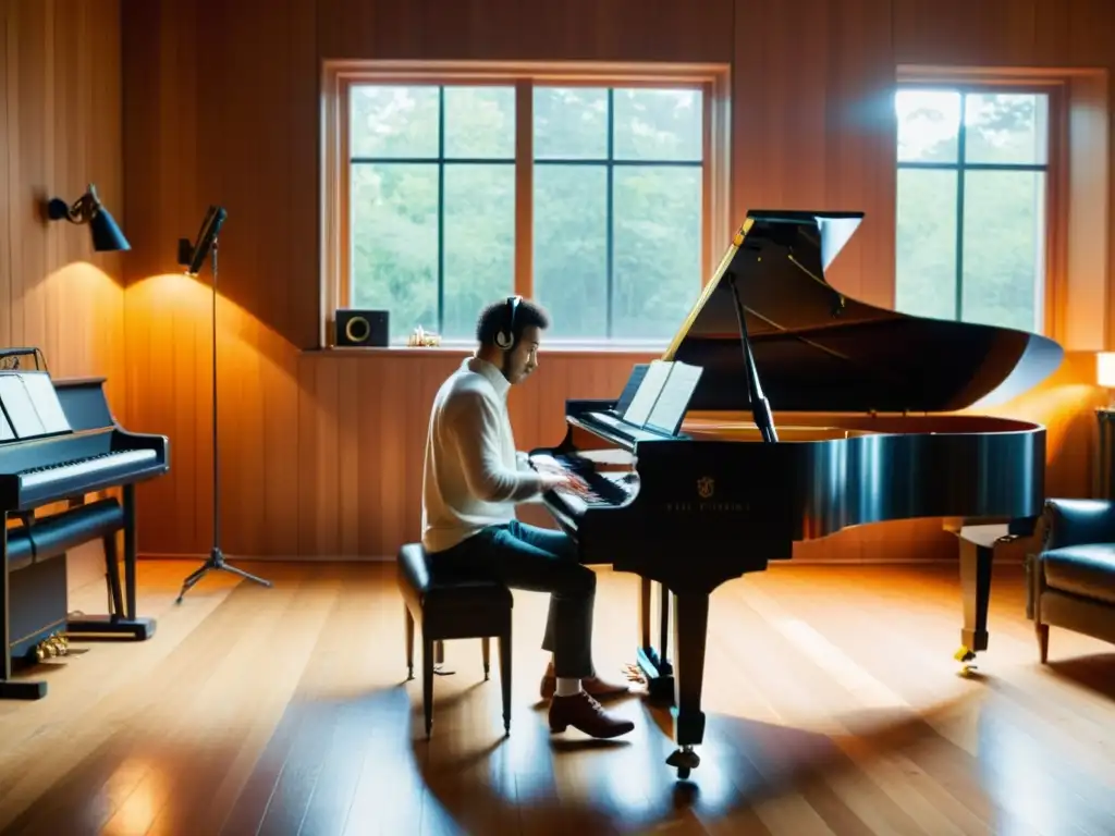 Un músico toca apasionadamente un gran piano en un estudio de grabación íntimo, rodeado de instrumentos y equipo musical