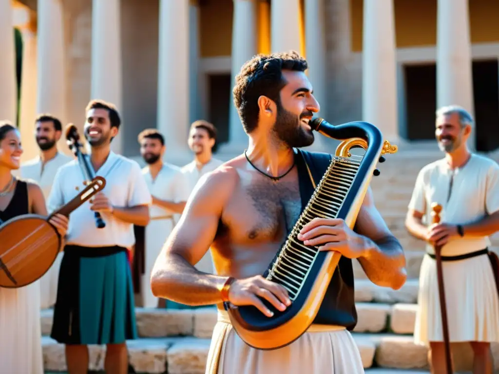 Melodía mágica: Músico griego tocando el aulos en festival Un músico griego antiguo toca el aulos en un vibrante festival en la ágora, mientras la historia y sonido del Aulos llenan el aire