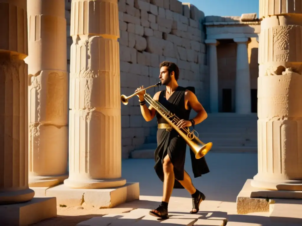 Un músico griego antiguo toca el salpinx en un anfiteatro al atardecer