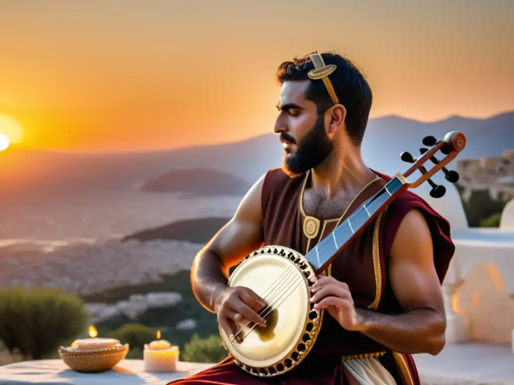 Un músico griego antiguo toca el salpinx al atardecer en una reunión tradicional, evocando la historia y la cultura de la antigua Grecia