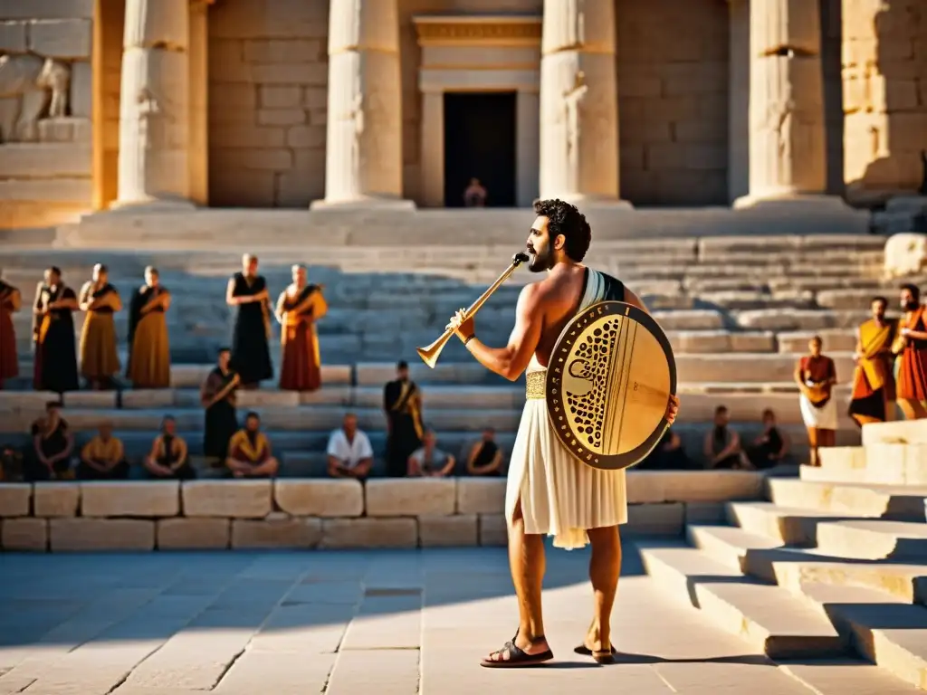 Anciano músico griego tocando el aulos en un anfiteatro antiguo Un músico griego toca el aulos en un antiguo anfiteatro, mientras el público disfruta la música