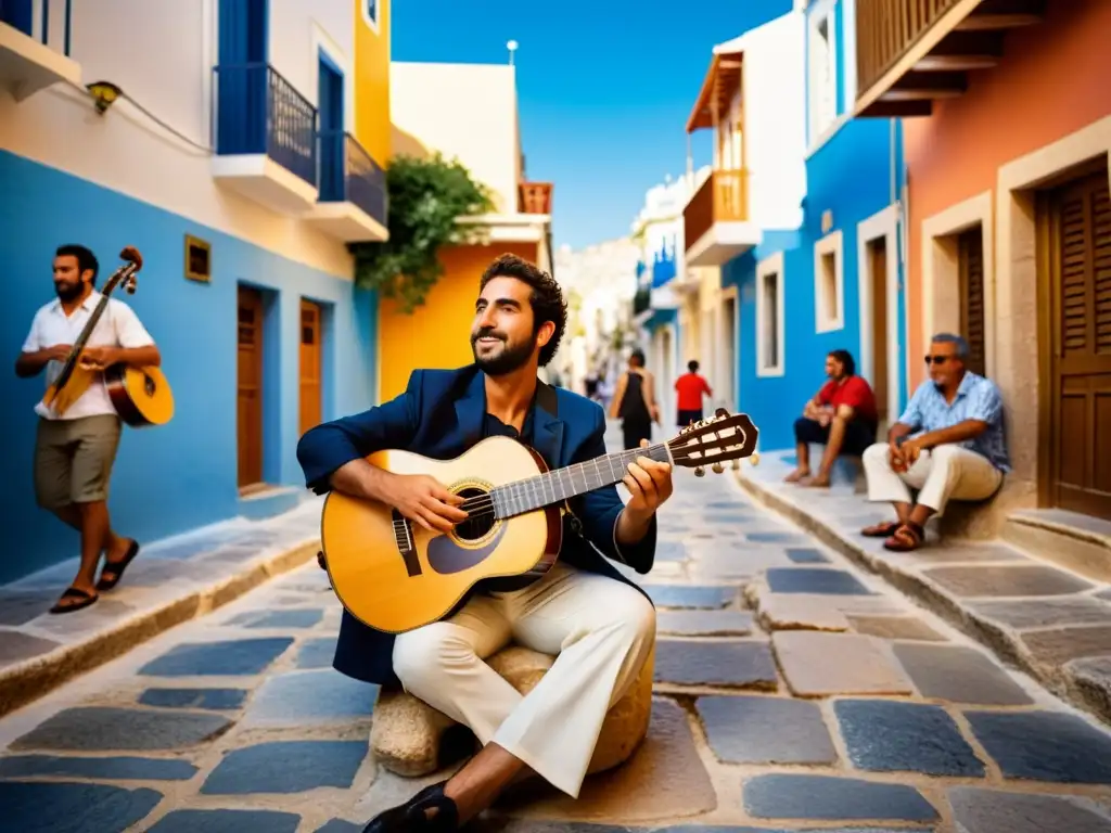 Un músico griego tradicional toca el bouzouki en una calle empedrada de Atenas, rodeado de locales y turistas, bajo el cálido sol