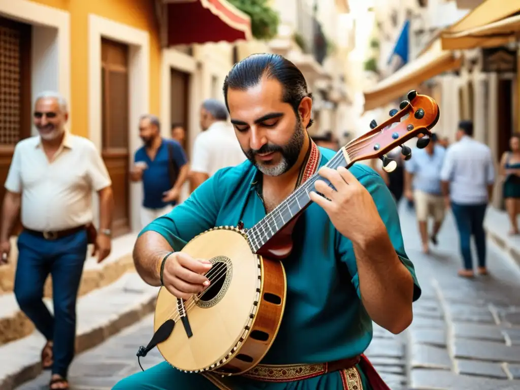 Un músico griego toca el bouzouki eléctrico en una bulliciosa calle de Atenas, rodeado de espectadores