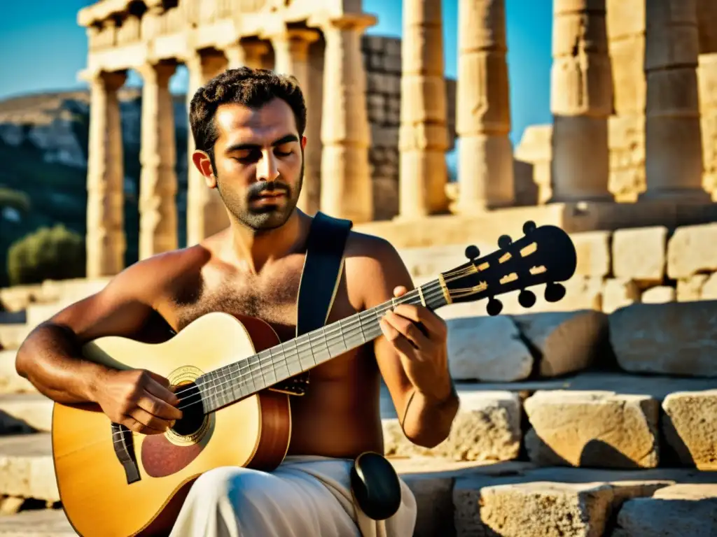 Un músico griego toca la lira bajo el sol mediterráneo, con ruinas antiguas de fondo, capturando la historia y sonido de la lira griega