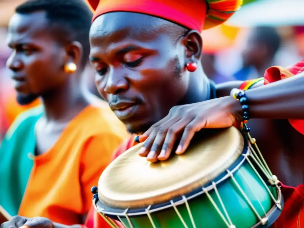 Un músico guineano toca el karinyan durante un festival cultural, con movimientos rápidos y un ambiente vibrante