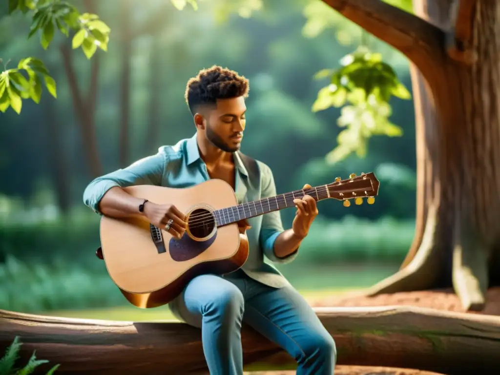 Un músico toca una guitarra acústica artesanal en un entorno natural, resaltando la eco-amigabilidad del instrumento