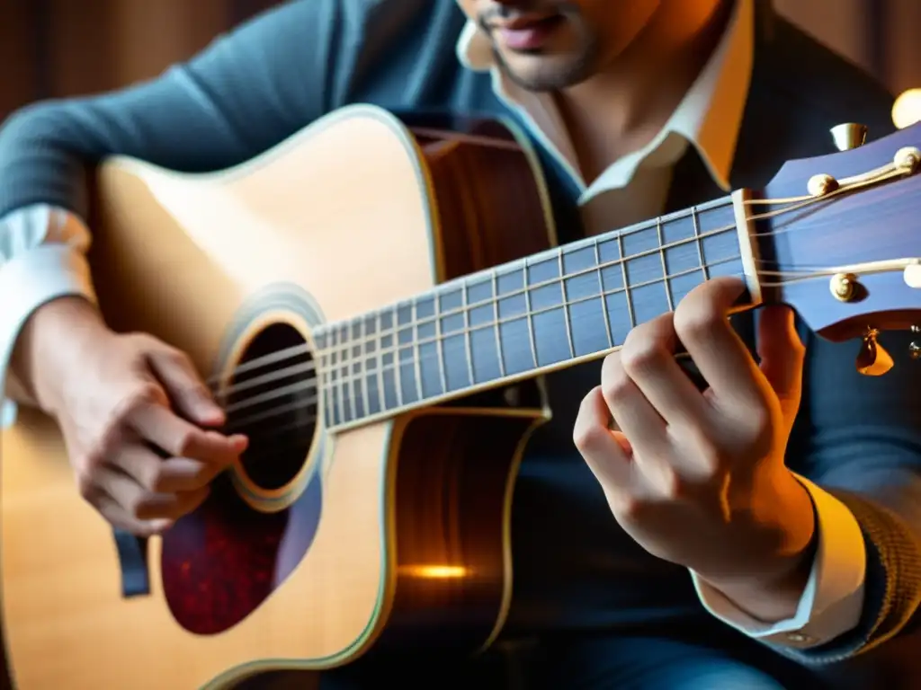 Un músico toca una guitarra acústica, mostrando la belleza de sus detalles mientras evoca la esencia atemporal de este instrumento