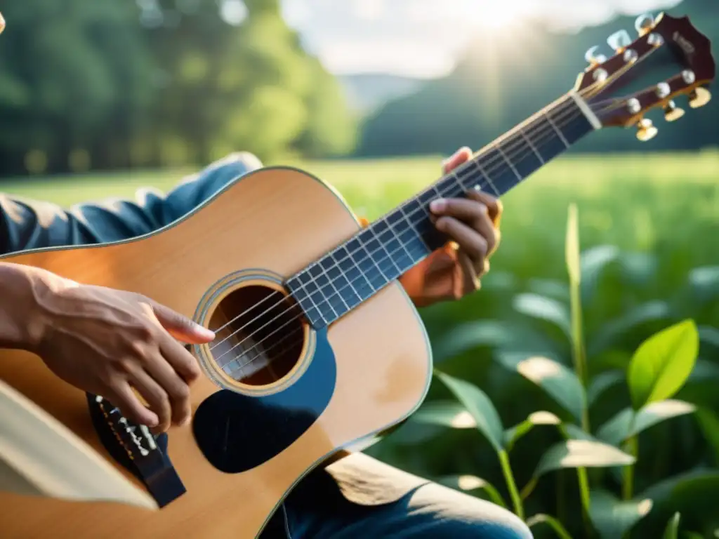 Un músico toca una guitarra acústica en un campo verde, iluminado por el sol