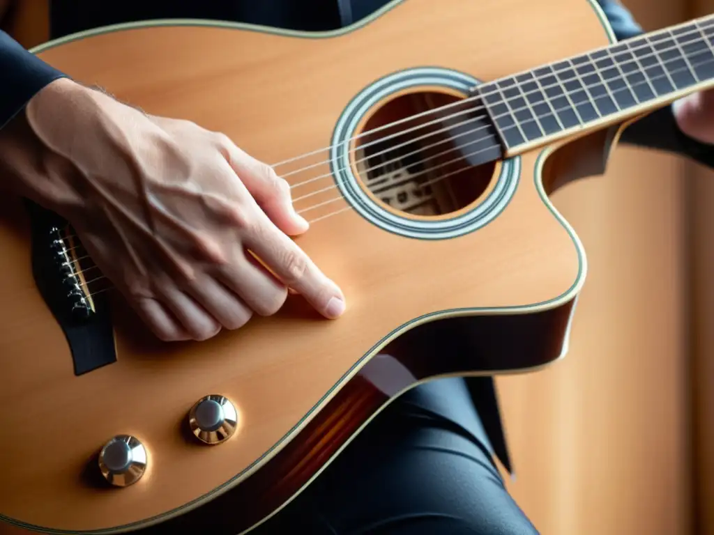 Un músico toca una guitarra acústico-electrónica, fusionando lo natural con lo moderno