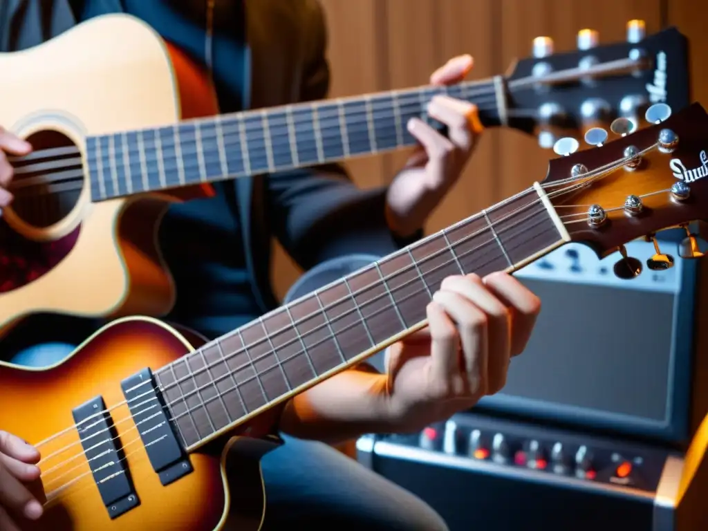 Un músico toca una guitarra autotuneable de precisión en un estudio, resaltando la tecnología y la precisión