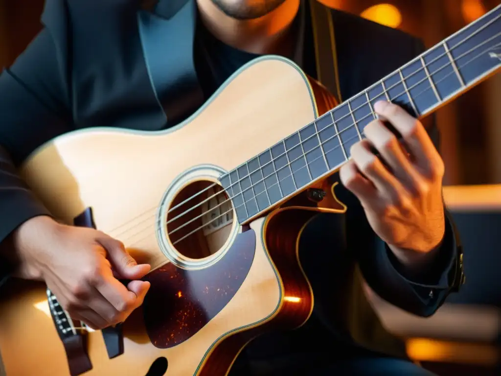 Un músico hábil toca una guitarra barítono en una atmósfera cálida e íntima