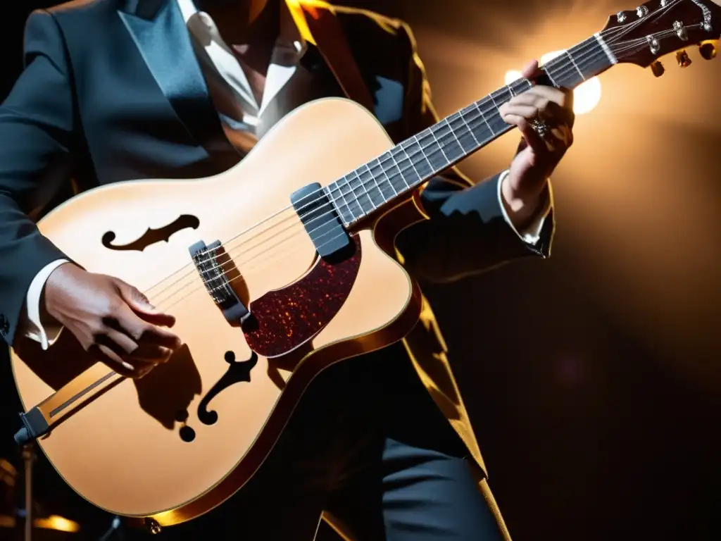 Un músico toca una guitarra barítono en un escenario, con una luz brillante que resalta la artesanía detallada del instrumento