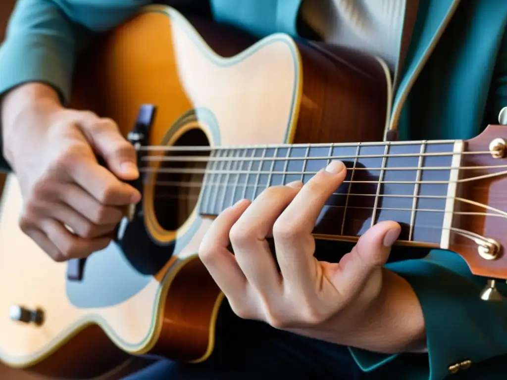 Un músico toca una guitarra barítono en música pop, mostrando la destreza de sus manos, las cuerdas y la textura del instrumento