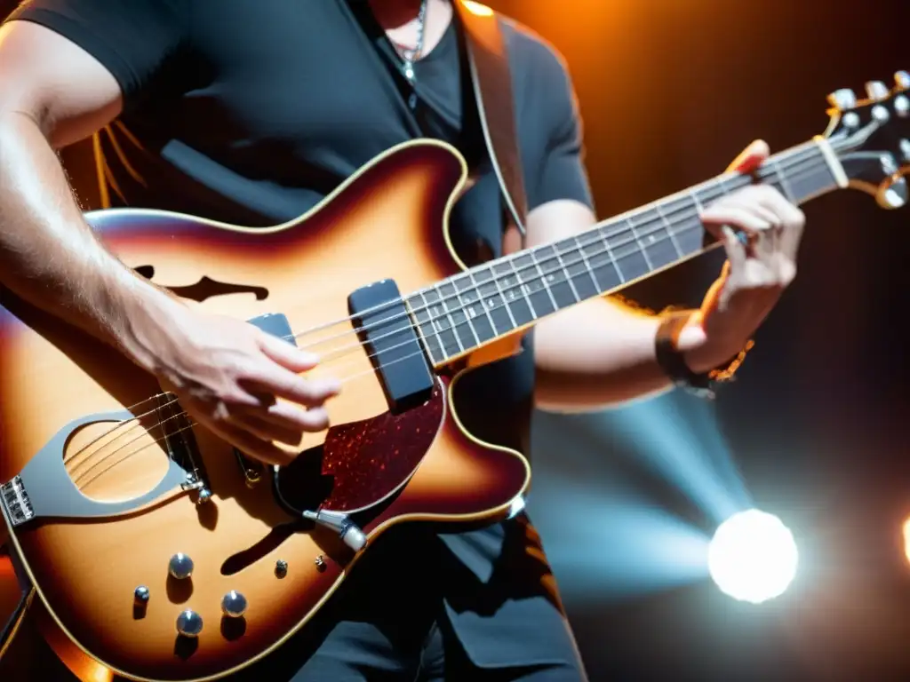 Un músico toca una guitarra barítona en un concierto de música pop, con una atmósfera eléctrica y dinámica