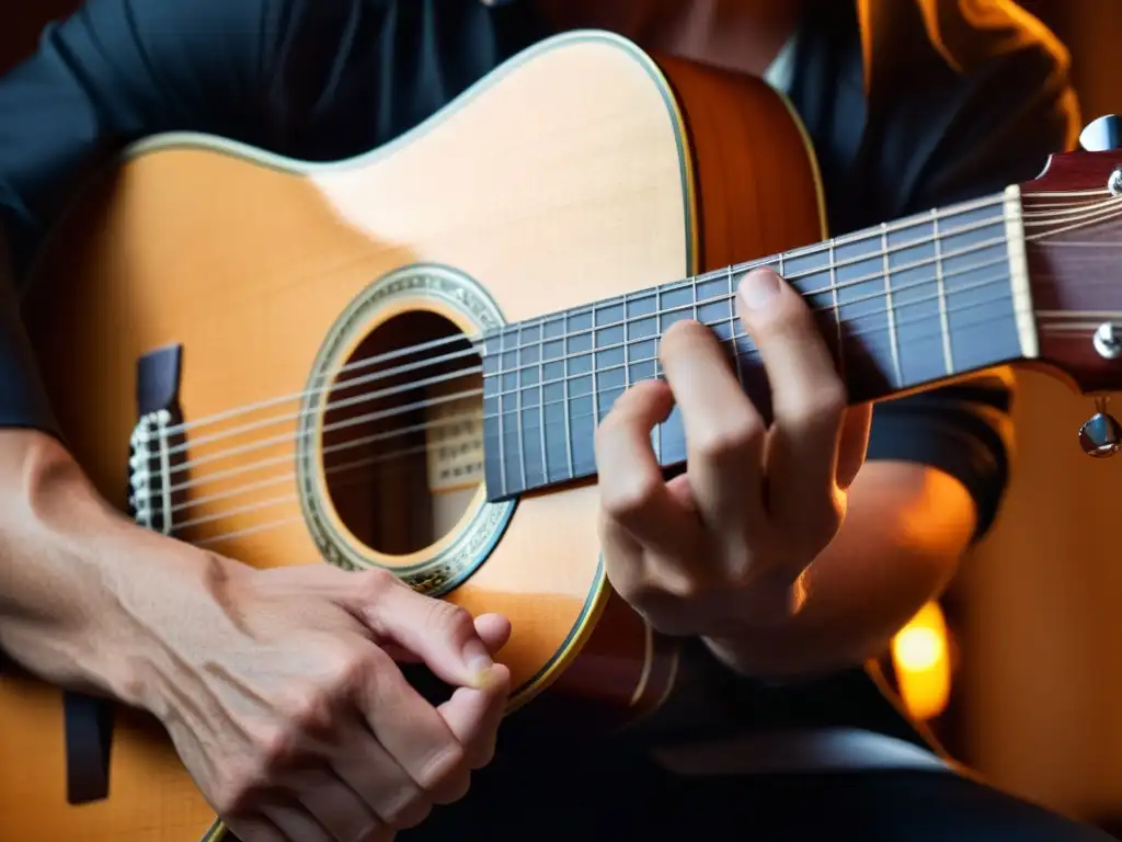 Un músico tocando la guitarra de siete cuerdas en una actuación de choro brasileño, destacando la destreza y pasión en cada nota